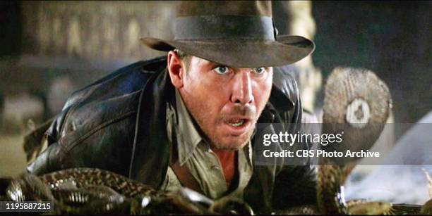 The movie: Indiana Jones and the Raiders of the Lost Ark , , directed by Steven Spielberg. Seen here, Harrison Ford as Indiana Jones facing a cobra...