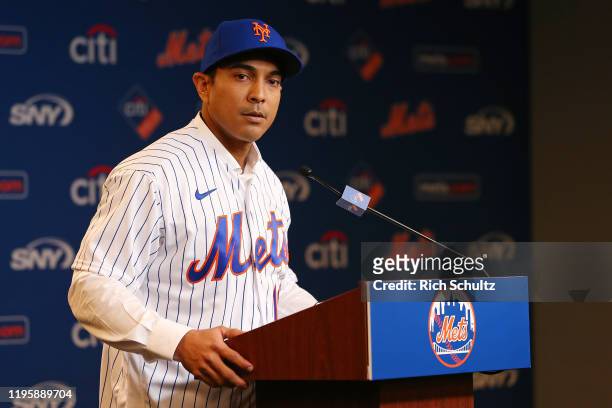 Luis Rojas speaks after being introduced as the new manager of the New York Mets at Citi Field on January 24, 2020 in New York City. Rojas had been...