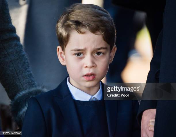Prince George of Cambridge attends the Christmas Day Church service at Church of St Mary Magdalene on the Sandringham estate on December 25, 2019 in...