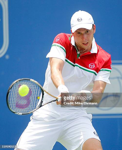 Gilles Muller of Luxembourg plays a backhand during a quarterfinal match against Kevin Anderson at the Atlanta Tennis Championships at the Racquet...