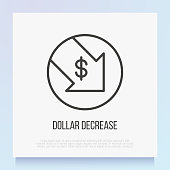 Dollar decreasing thin line icon: arrow symbol falling down. Rate cut, finance crisis, price reduction. Vector illustration.