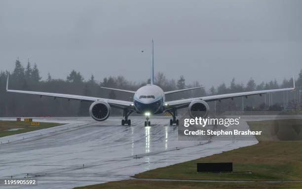 Boeing 777X taxis at Paine Field on January 24, 2020 in Everett, Washington. The plane is the latest iteration of its popular wide body model, which...