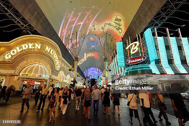 General view of the Golden Nugget Hotel & Casino and Binion's Gambling Hall & Hotel on Fremont Street July 19, 2011 in Las Vegas, Nevada.