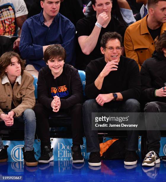 Quinlin Stiller and Ben Stiller attend Toronto Raptors v New York Knicks game at Madison Square Garden on January 24, 2020 in New York City.