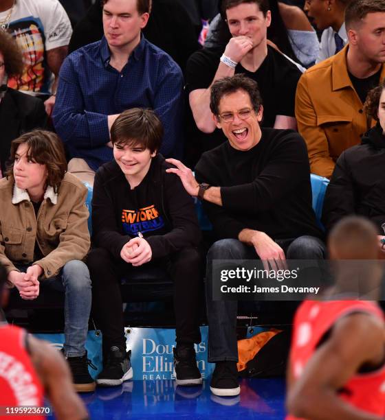 Quinlin Stiller and Ben Stiller attend Toronto Raptors v New York Knicks game at Madison Square Garden on January 24, 2020 in New York City.