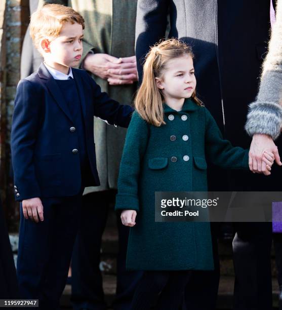 Prince George of Cambridge and Princess Charlotte of Cambridge attend the Christmas Day Church service at Church of St Mary Magdalene on the...