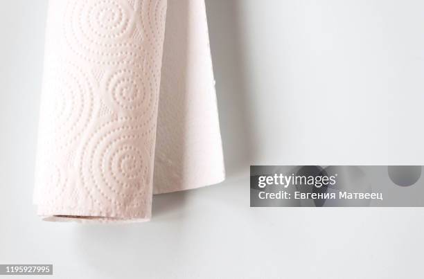 roll of kitchen disposable towels light background. close up. selective soft focus, text copy space. - rollen stock-fotos und bilder