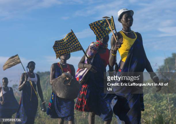 Mundari tribe women marching in line while celebrating a wedding, Central Equatoria, Terekeka, South Sudan on November 26, 2019 in Terekeka, South...