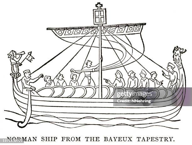 woodcut of norman ship from bayeux tapestry - bayeux stock illustrations