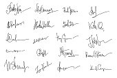 Autographs Set. Personal signature. Signature set. Scribbles of signatures as elements of documents. Set of imaginary signature. Set of autographs. Collection of Business Contract Signatures