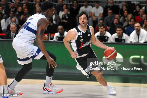 Milos Teodosic of Virtus Segafredo competes with Henry Sims of Fortitudo Pompea during the LegaBasket italian championship of Serie A basketball...