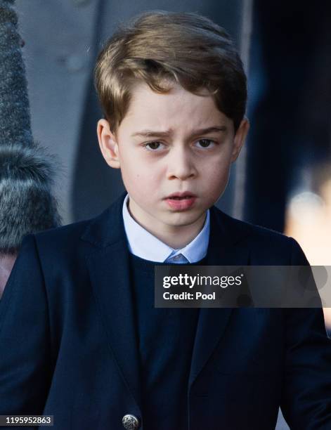 Prince George of Cambridge attends the Christmas Day Church service at Church of St Mary Magdalene on the Sandringham estate on December 25, 2019 in...