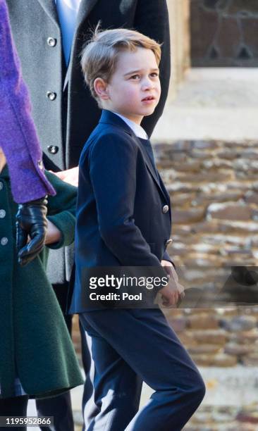 Prince George of Cambridge attends the Christmas Day Church service at Church of St Mary Magdalene on the Sandringham estate on December 25, 2019 in...