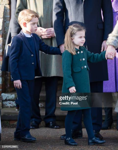 Prince George of Cambridge and Princess Charlotte of Cambridge attend the Christmas Day Church service at Church of St Mary Magdalene on the...