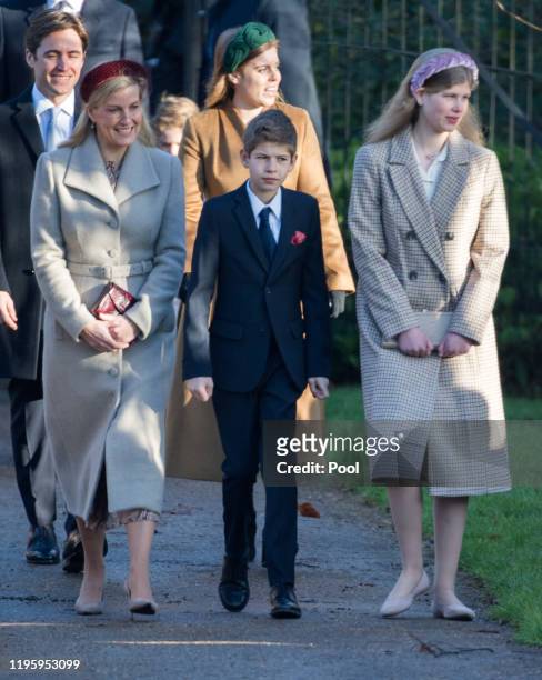 Sophie, Countess of Wessex with James Viscount Severn and Lady Louise Windsor attend the Christmas Day Church service at Church of St Mary Magdalene...
