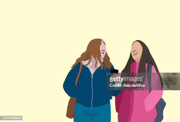 young two women walking and using a phone with laugh - friendship stock illustrations