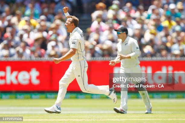 Neil Wagner of New Zealand celebrates after dismissing David Warner of Australia during day one of the Second Test match in the series between...