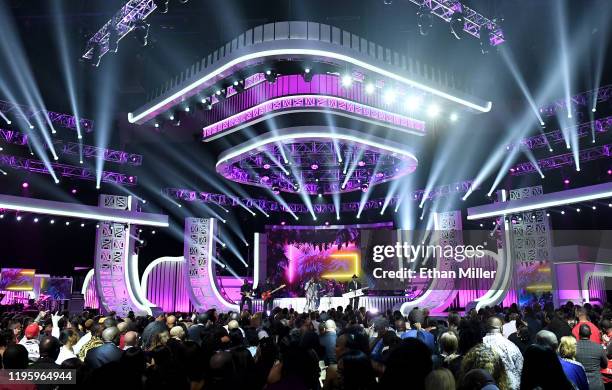 Kenneth "Babyface" Edmonds, Terry Lewis, Morris Day, Jerome Benton and Jimmy Jam perform during the 2019 Soul Train Awards presented by BET at the...