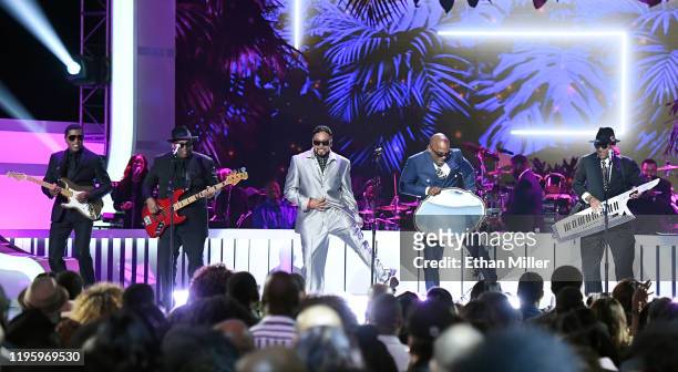 Kenneth "Babyface" Edmonds, Terry Lewis, Morris Day, Jerome Benton and Jimmy Jam perform during the 2019 Soul Train Awards presented by BET at the...