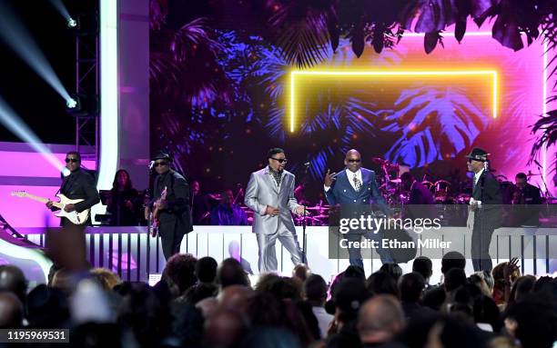 Kenneth "Babyface" Edmonds, Terry Lewis, Morris Day, Jerome Benton and Jimmy Jam perform during the 2019 Soul Train Awards presented by BET at the...