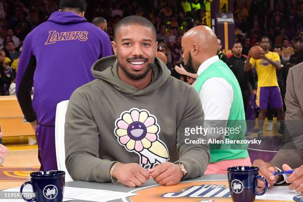 Michael B. Jordan appears on the pre-game show prior to a basketball game between the Los Angeles Lakers and the Los Angeles Clippers at Staples...