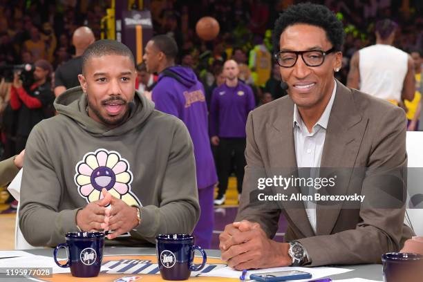 Michael B. Jordan and Scottie Pippen talk on the pre-game show prior to a basketball game between the Los Angeles Lakers and the Los Angeles Clippers...