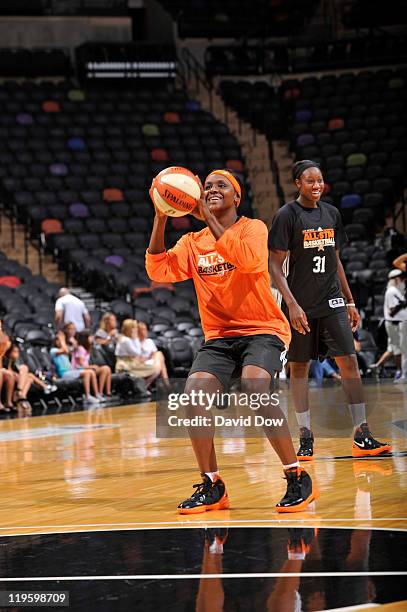 Crystal Langhorne of the Eastern Conference All-Stars shoots during practice at AT&T Center on July 22, 2011 in San Antonio, Texas. NOTE TO USER:...