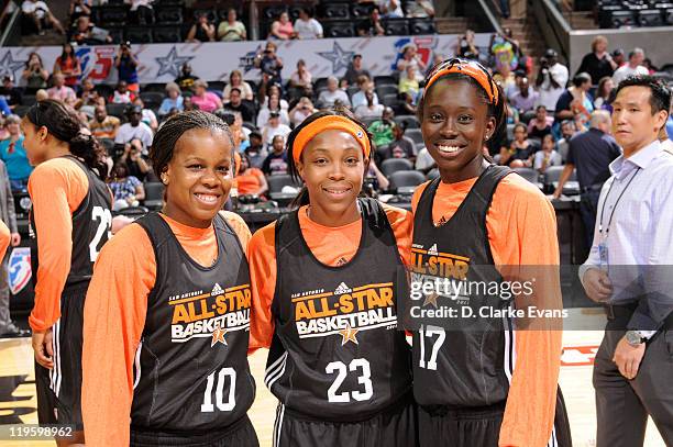 Epiphanny Prince, Cappie Pondexter and Essence Carson of the Eastern Conference All-Stars poses for a Rutgers photo at AT&T Center on July 22, 2011...