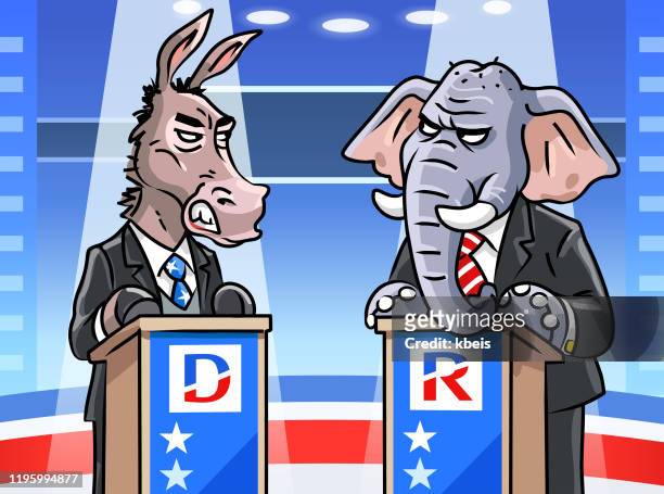 ilustrações, clipart, desenhos animados e ícones de o asno democrático e o elefante republicano no debate da tevê - debate, democrat