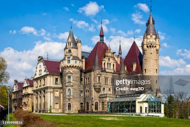 palace in neo-gothic style, moszna, poland - moszna castle stock pictures, royalty-free photos & images