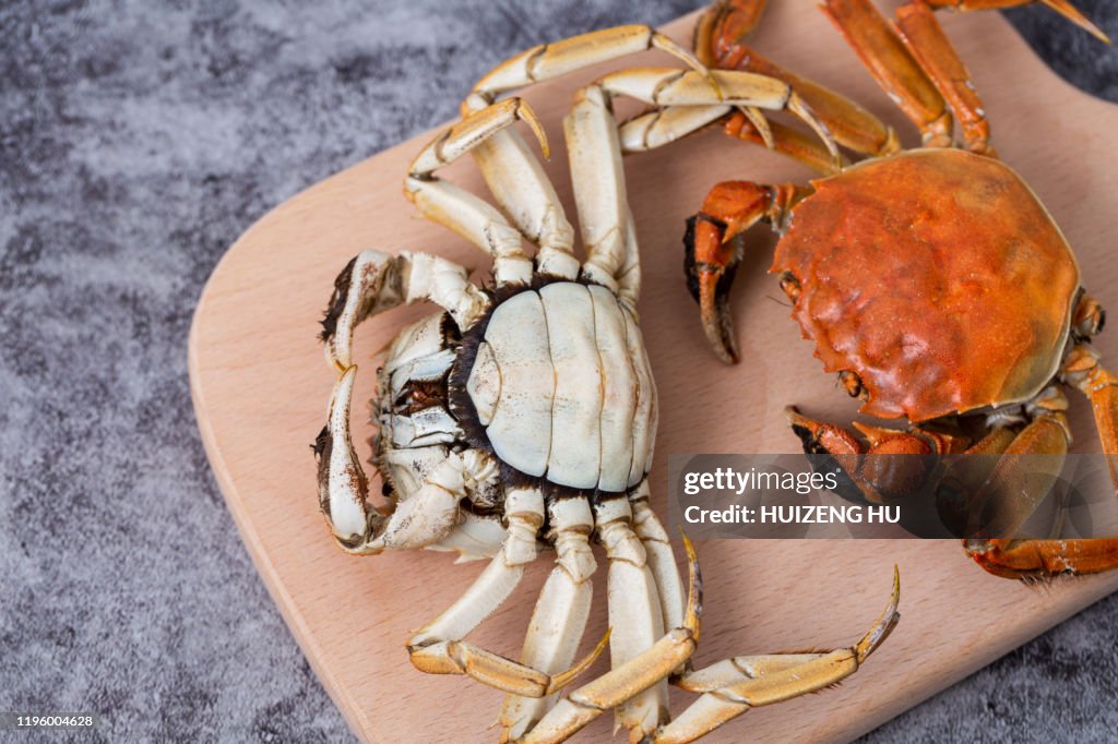 Crab steamed seafood on wooden table