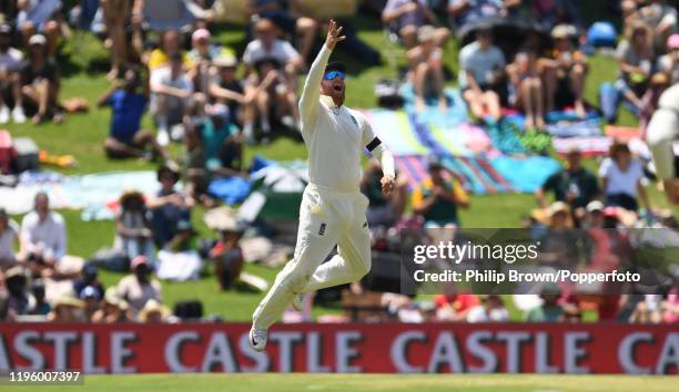 Jonny Bairstow of England celebrates after catching Aiden Markram of South Africa during Day One of the First Test match between England and South...