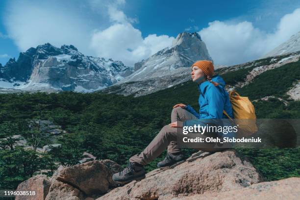 vrouw met gele rugzak kijkend naar schilderachtig uitzicht op torres del paine national park - cuernos del paine stockfoto's en -beelden