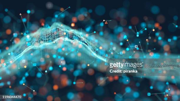 grid landscape and glowing particles background - big data stock pictures, royalty-free photos & images