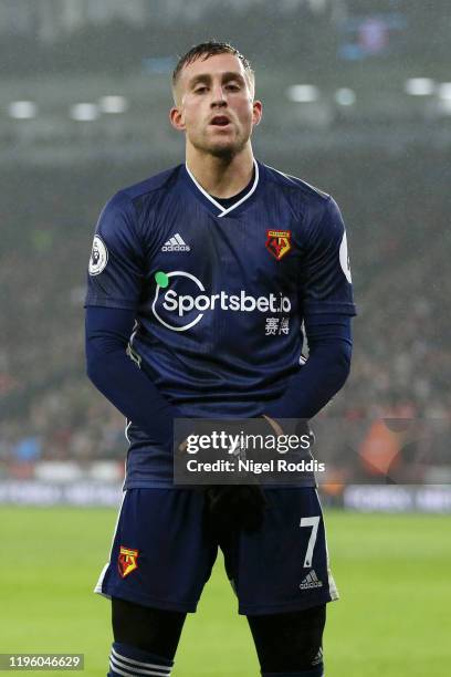 Gerard Deulofeu of Watford celebrates after scoring his team's first goal during the Premier League match between Sheffield United and Watford FC at...