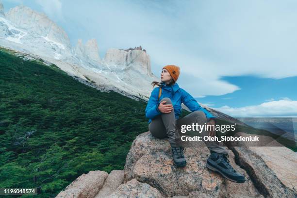 donna con zaino giallo che guarda la vista panoramica del parco nazionale torres del paine - torres del paine foto e immagini stock