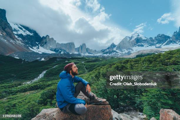 hombre ooking en vista panorámica del parque nacional torres del paine - parque nacional de torres del paine fotografías e imágenes de stock
