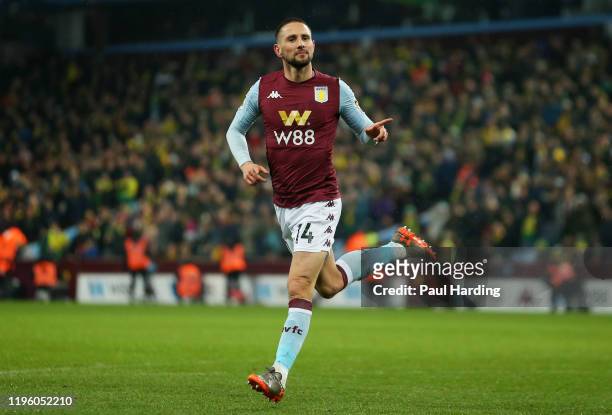 Conor Hourihane of Aston Villa celebrates scoring the opening goal during the Premier League match between Aston Villa and Norwich City at Villa Park...