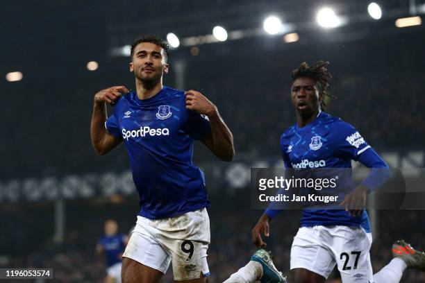 Dominic Calvert-Lewin of Everton celebrates scoring his teams first goal of the game during the Premier League match between Everton FC and Burnley...