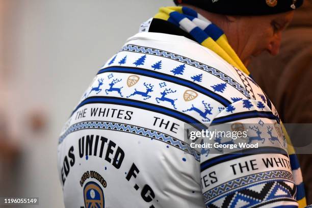 Fan wearing a Leeds United Christmas jumper ahead of the Sky Bet Championship match between Leeds United and Preston North End at Elland Road on...