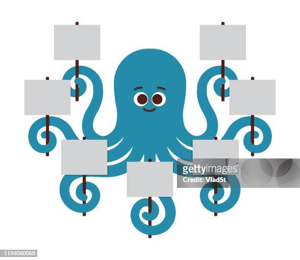 illustrazioni stock, clip art, cartoni animati e icone di tendenza di octopus holding blank mockup banner sign copy space - octopus