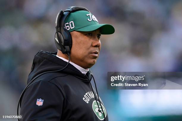 Assistant coach Hines Ward of the New York Jets looks on against the Pittsburgh Steelers at MetLife Stadium on December 22, 2019 in East Rutherford,...