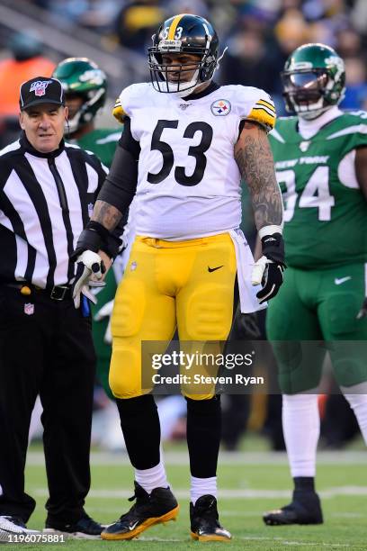 Maurkice Pouncey of the Pittsburgh Steelers looks on against the New York Jets at MetLife Stadium on December 22, 2019 in East Rutherford, New Jersey.