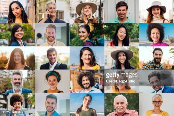 ritratti di uomini e donne felici - fotomontaggio foto e immagini stock