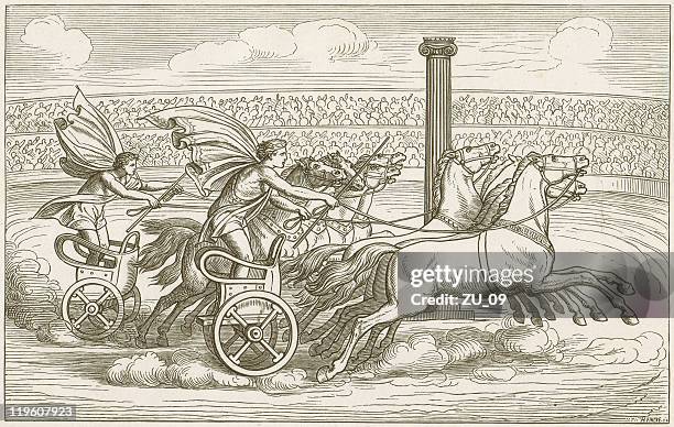 stockillustraties, clipart, cartoons en iconen met horse cart racing, ancient greece, vase painting, published in 1883 - chariot