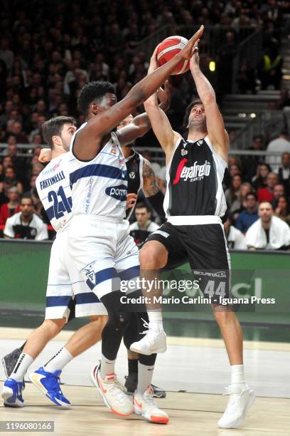 Milos Teodosic of Virtus Segafredo competes with Henry Sims of Pompea during the LBA LegaBasket italian championship of Serie A 2019/2020 match...
