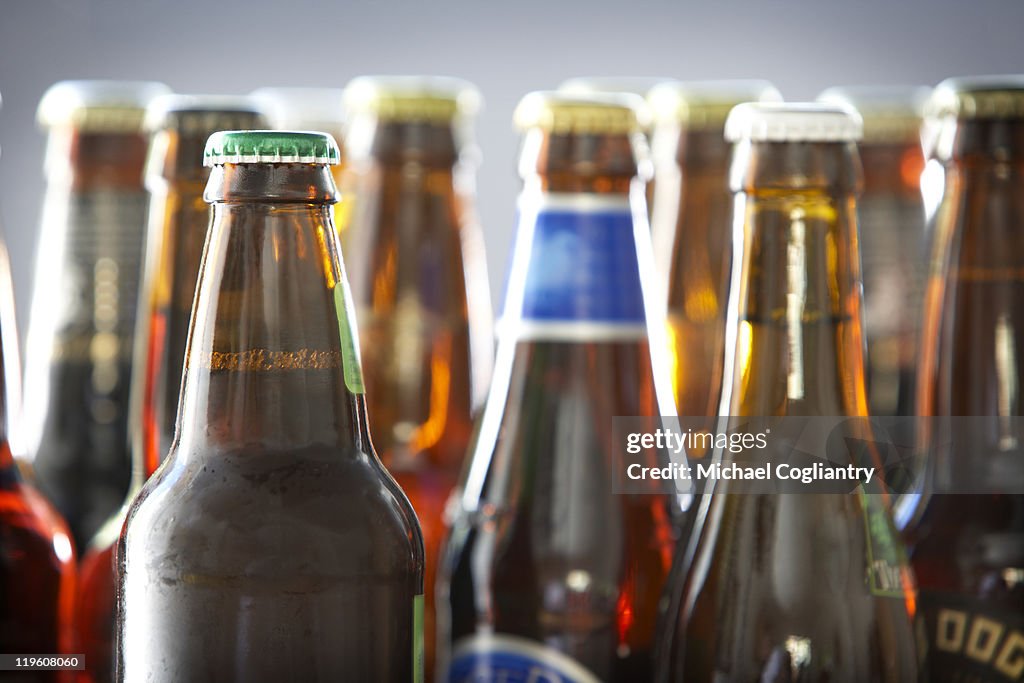 Bottles of various bottled beer in studio
