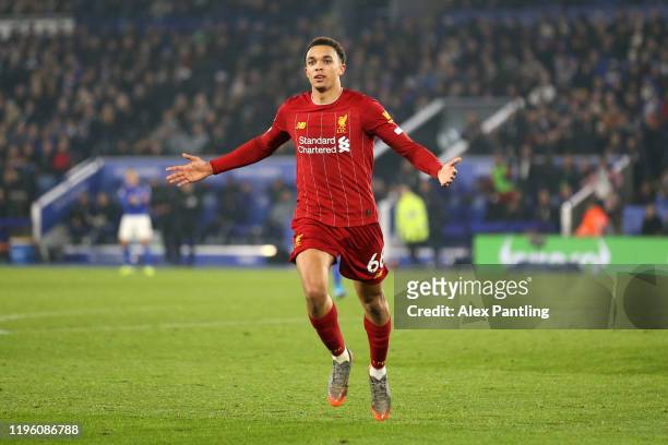 Trent Alexander-Arnold of Liverpool celebrates scoring his team's fourth goal during the Premier League match between Leicester City and Liverpool FC...