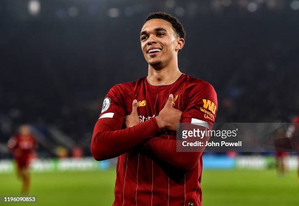 Trent Alexander-Arnold of Liverpool celebrating after scoring a goal during the Premier League match between Leicester City and Liverpool FC at The...
