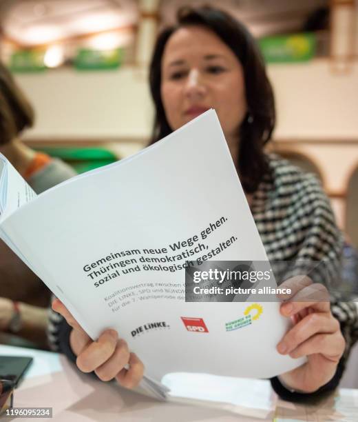 January 2020, Thuringia, Apolda: Anja Siegesmund , Thuringian Minister of the Environment, reads the negotiated coalition agreement at the state...